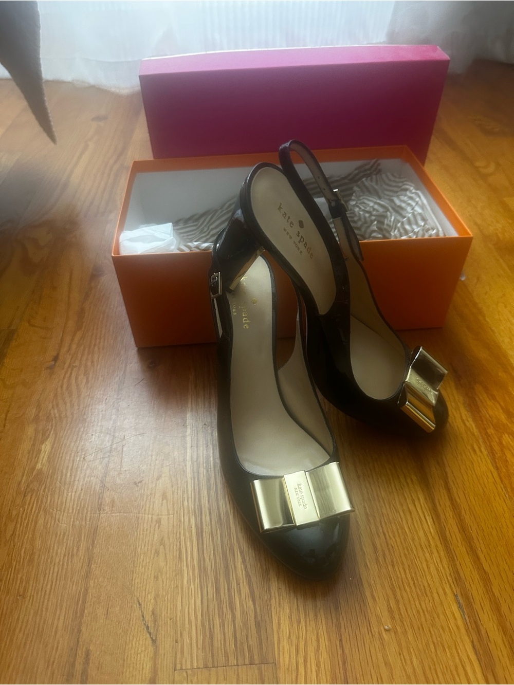 Kate Spade Black Patent Leather Bow Slingback Heels Pumps Size 8.5; Heel 4”